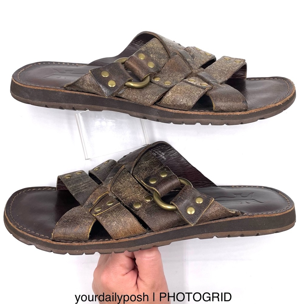Frye brown leather men’s Ludlow crisscross studded slide sandals US 10